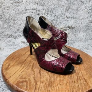 Michael Kors Women 8M Cross Strap High Heel Red Snakeskin Berkley Sandals Pumps